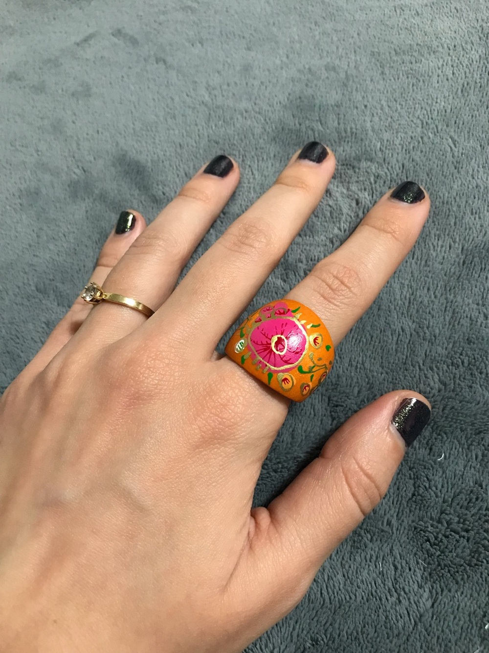 Orange Summer Hand Painted Wood Statement Chunky Ring Floral Design Size 8.5